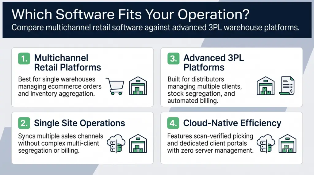 An educational corporate infographic comparing multichannel retail software for single site ecommerce operations against advanced cloud-native 3pl warehouse platforms designed for multi-client segregation and automated billing.